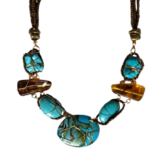 Antique Beautiful Turquoise & Brown Stone Wrapped Gold Tone Wires & Beaded - Picture 4 of 14